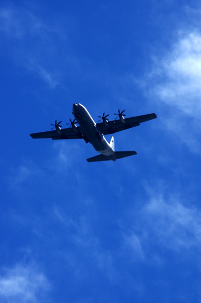 海のほうから飛行機が飛んできた。